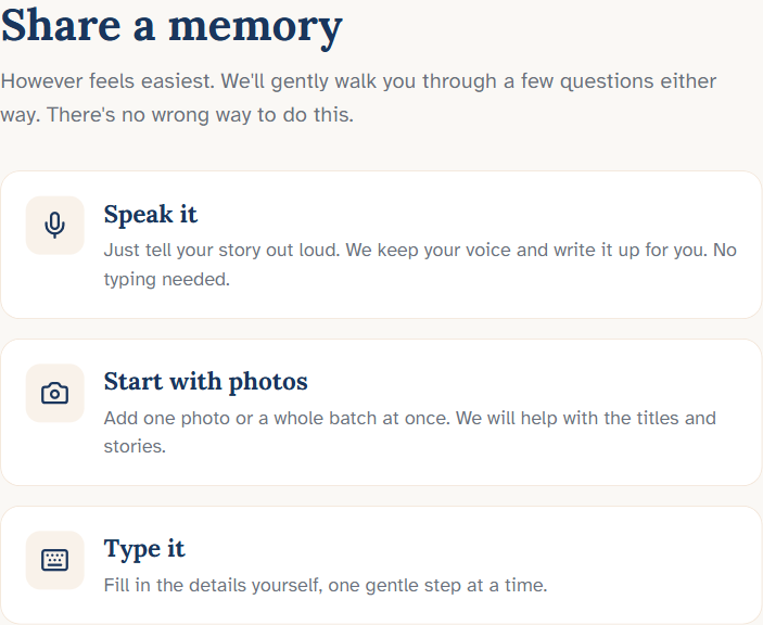 The Share a memory screen with three choices: Speak it, Start with photos, and Type it