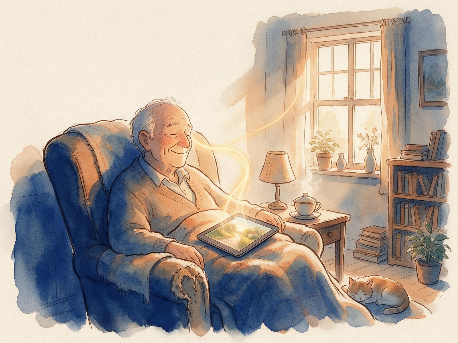 An older man listening in an armchair, a tablet on his lap showing a painted lane