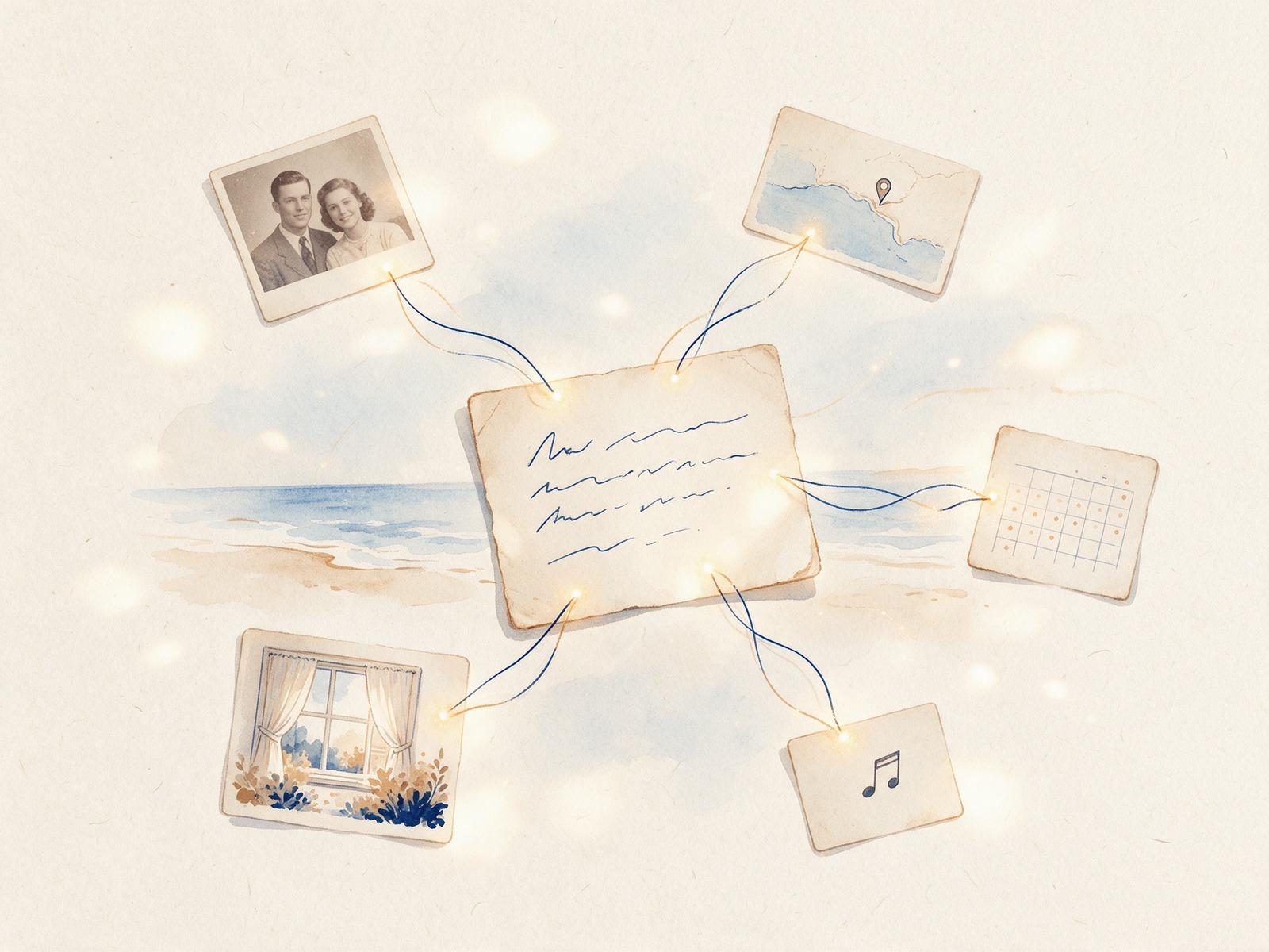 A seaside constellation of memory cards gathered around a handwritten card