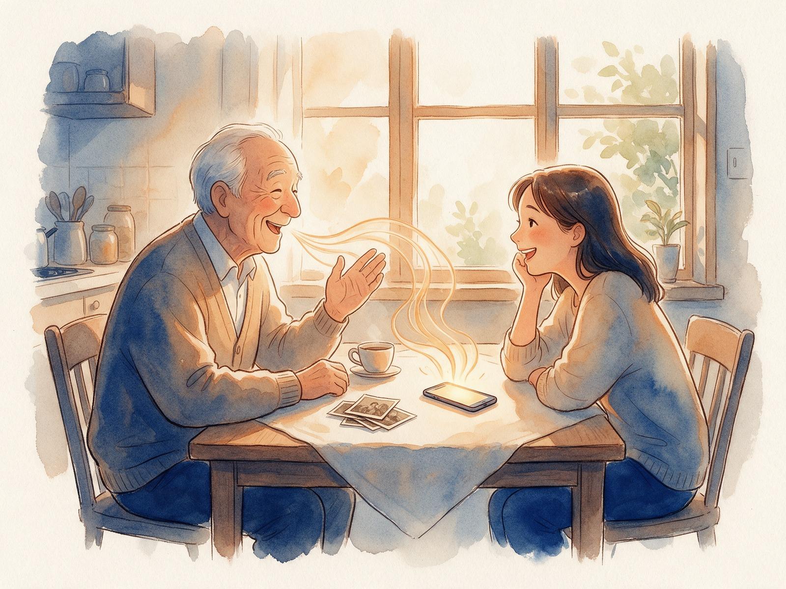 A grandfather telling a story across a kitchen table, a phone lying flat beside him