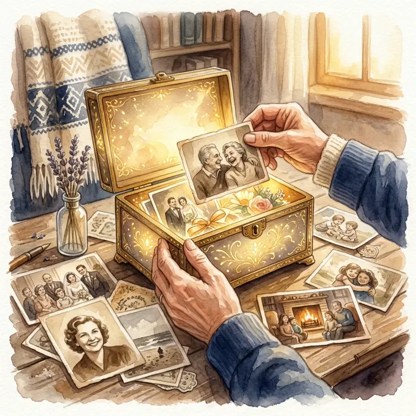 A family adding old photographs and stories to a memory collection