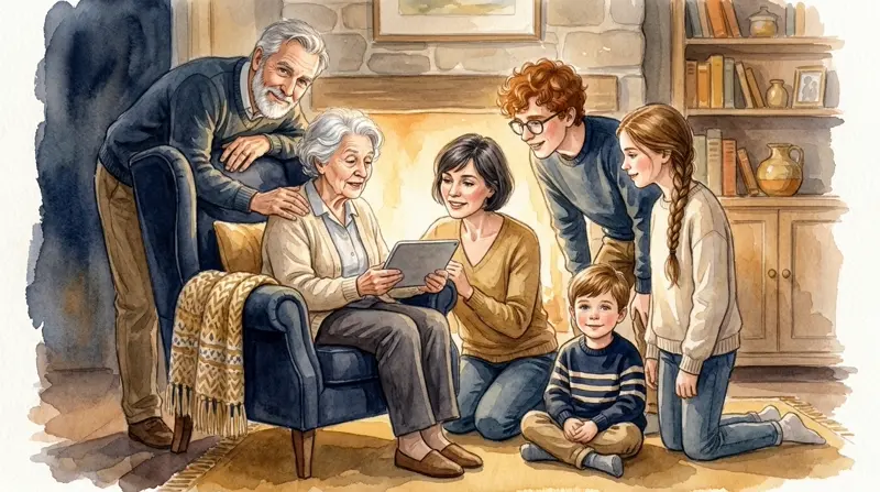 A cosy watercolor fireside scene: an elderly woman in a wingback armchair holding a tablet while five family members gather close around her chair