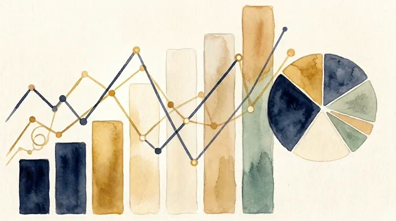 An abstract watercolor of gentle data: bar shapes, a line graph with round nodes, and a pie chart in navy, gold and cream