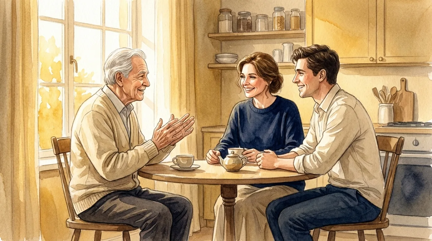 A watercolour of an older man telling a story across a sunlit kitchen table while two smiling family members listen over tea
