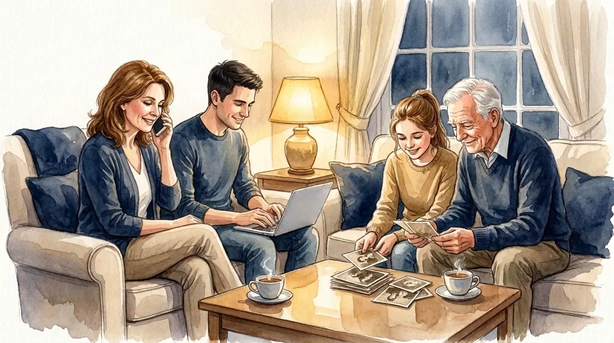 A watercolor of three generations in a warm sitting room adding memories together: a woman speaking into her phone, a young man typing on a laptop, and a teenage girl sorting old photographs with her grandfather, steam rising gently from their teacups