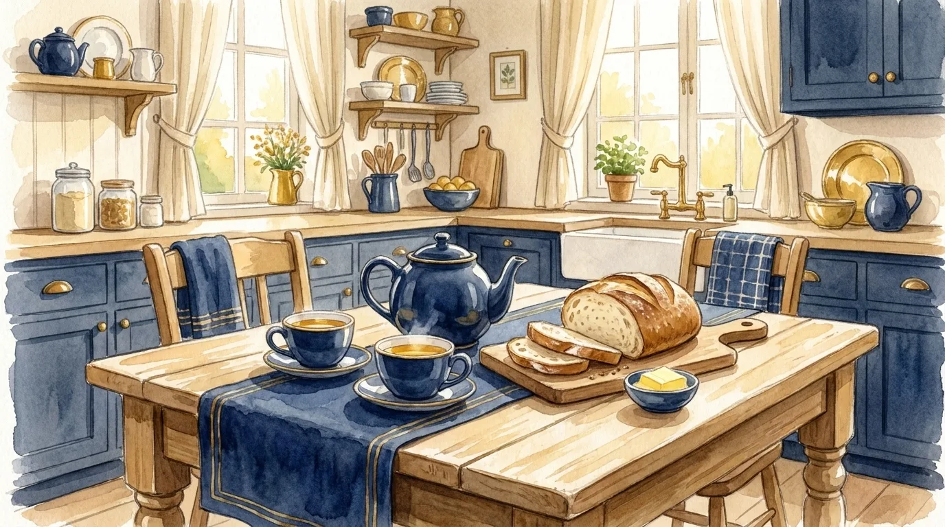 A watercolour of a calm farmhouse kitchen: a navy teapot and two cups of tea on the table beside fresh bread on a board