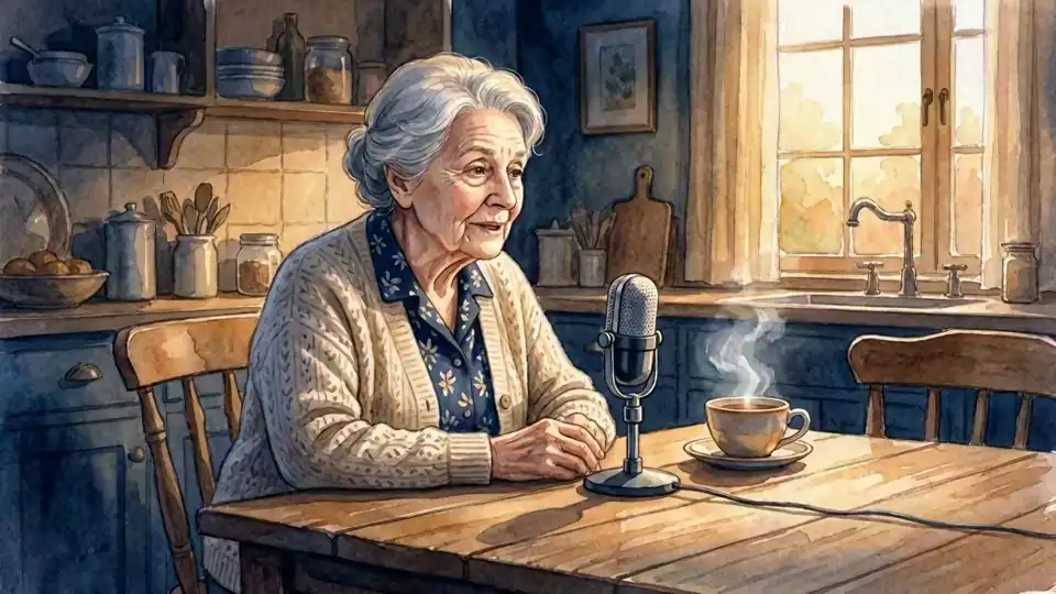 A watercolor of an elderly woman at a kitchen table speaking gently toward a small vintage microphone, steam rising from her cup of tea