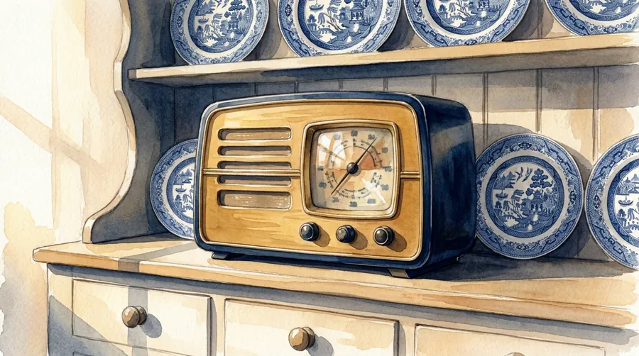 A watercolour of a vintage wooden wireless radio on a dresser lined with blue and white willow-pattern plates