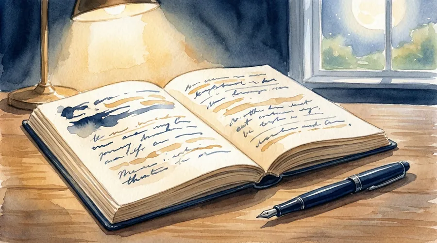 A watercolour of an open handwritten book beside a lamp, with a fountain pen and a moonlit window