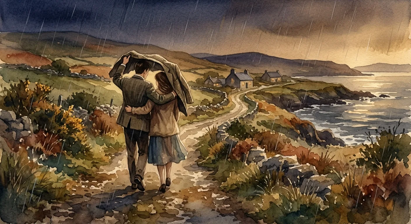 A watercolour of a young couple walking home through the rain along a coastal lane, sheltering together under his coat, cottages glowing ahead